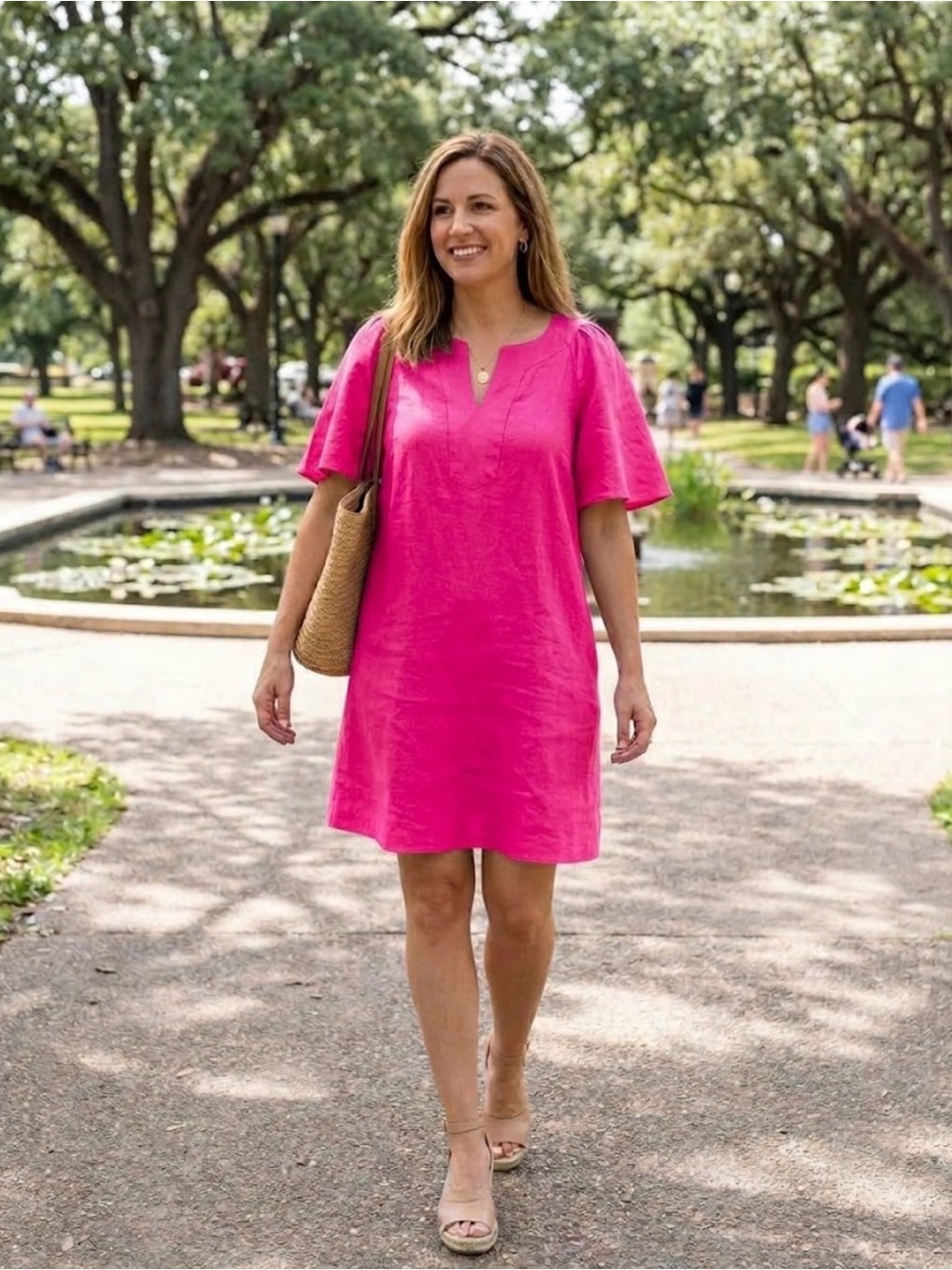 Chico's 100% Linen Pink Short Sleeve Dress Size 12 2 split neck